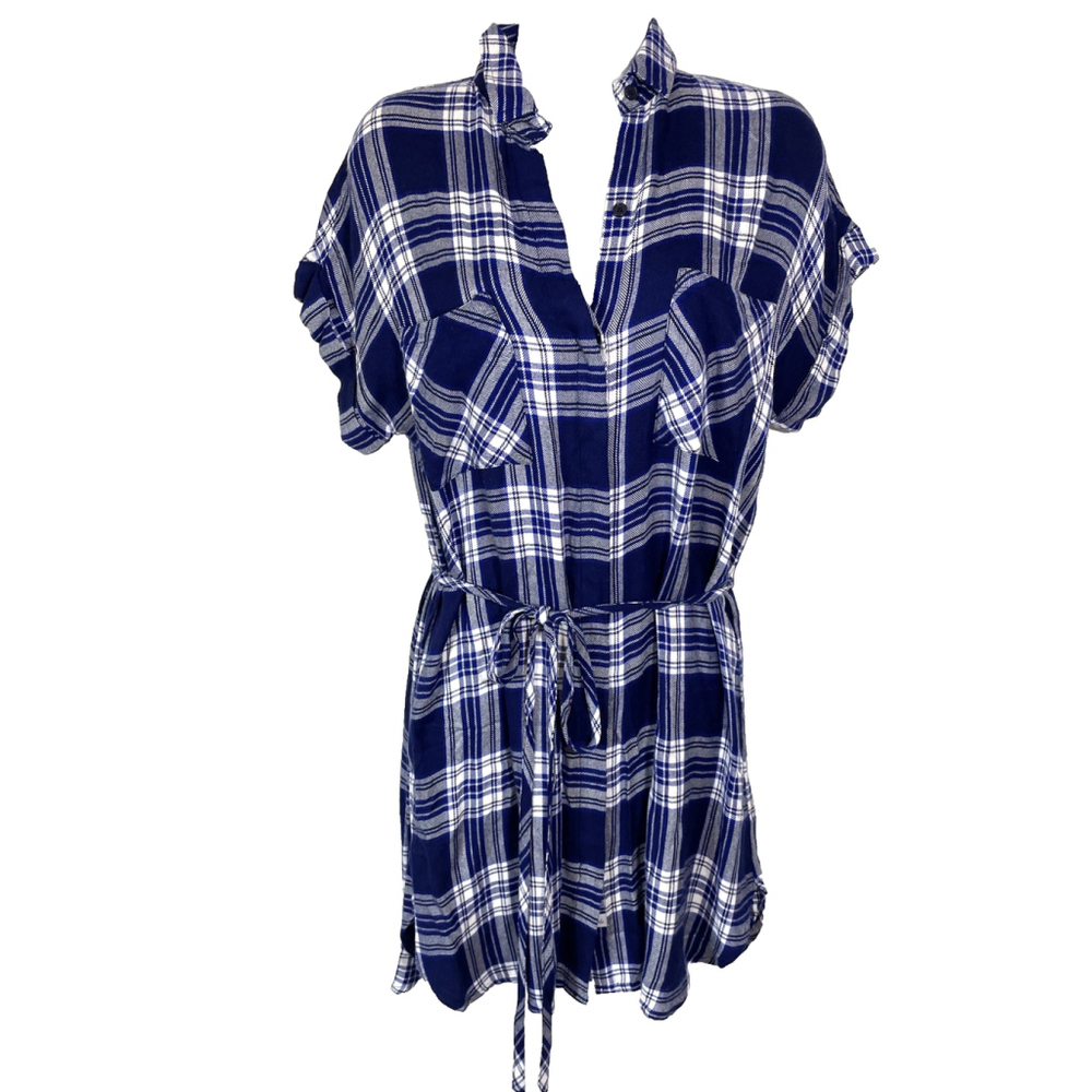 Rails Haley Flannel Button Up Belted Shirt Dress Pockets Midnight/Cobalt Size XS